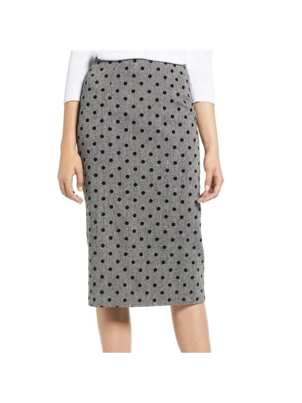 Halogen Wool Blend Midi Pencil Skirt, Tweed with Velvet Polka Dots, Size 6, NWT